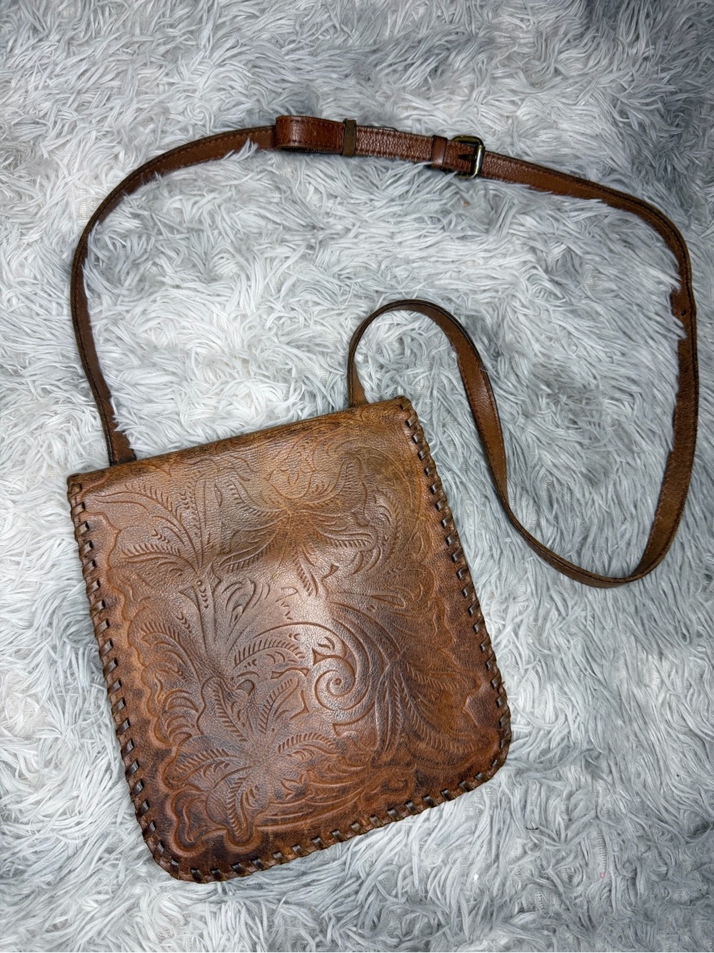 Patricia Nash Tooled Leather Crossbody Bag Brown Floral Embossed Boho Western